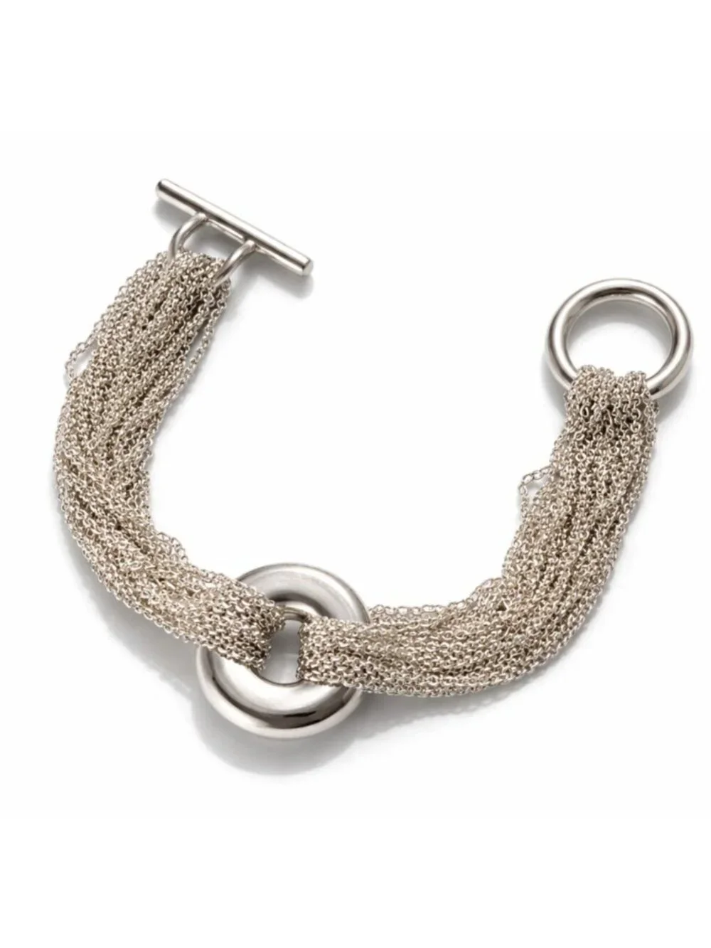 Tiffany Multi Strand Mesh Chain Round Circle Toggle Bracelet in Sterling Silver
